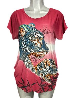 Tumblr Girl Leopard Graphic Short Sleeve Top T-Shirt Wild Cat Embellised Large